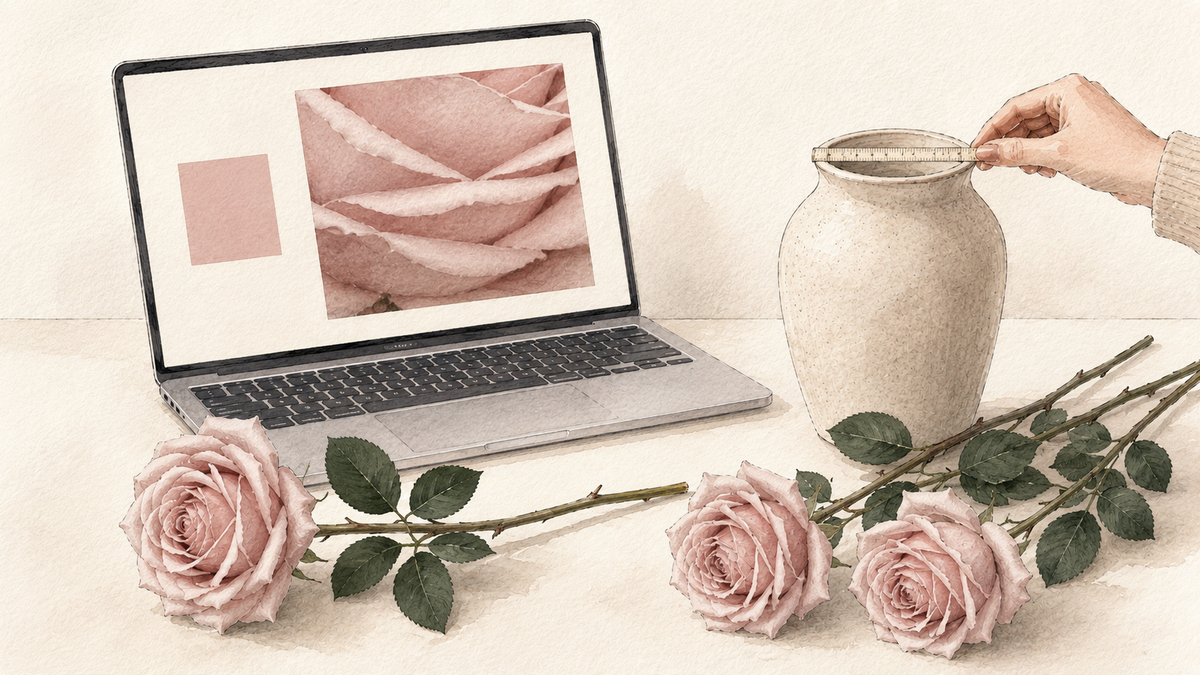 Hand-painted watercolour based on D&B FLORIQUE Artful Garden Rose — Morandi Dust Pink, illustrating online colour and vase-fit checks