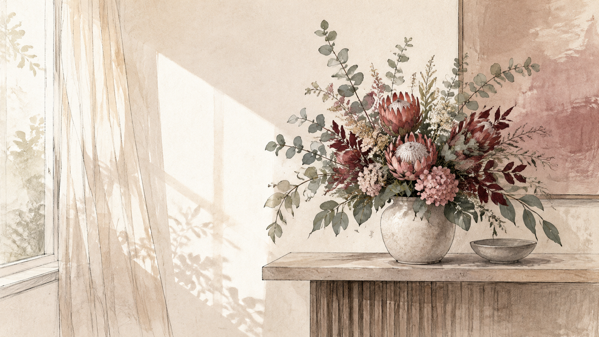 Hand-drawn watercolour illustration of an artificial flower arrangement positioned outside direct window sunlight