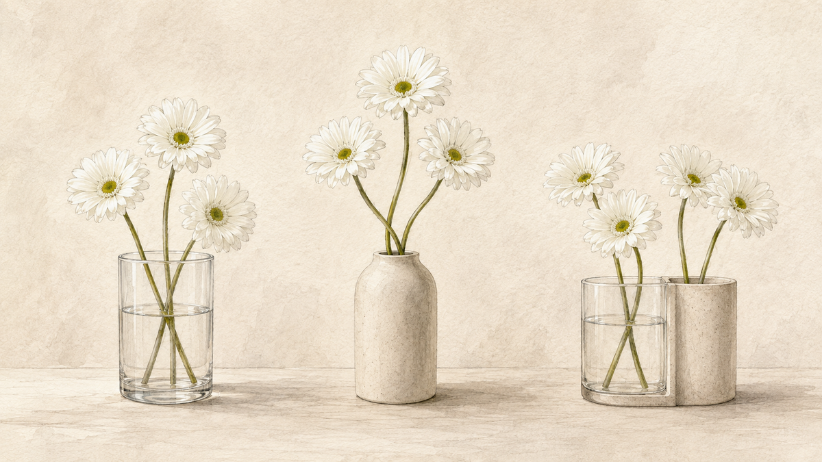 Hand-painted watercolour based on D&B FLORIQUE Gerbera — Soft White, comparing fresh, artificial and hybrid flower planning