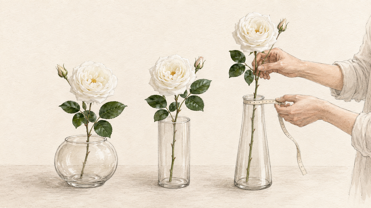 Hand-painted watercolour based on D&B FLORIQUE English Rosette Style Rose with Bud — Serene White, showing vase opening and height checks