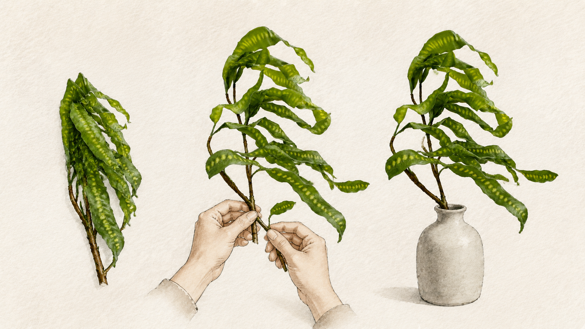 Hand-painted watercolour based on D&B FLORIQUE Spiral Pod Branch — Bud Green, showing careful shaping after delivery