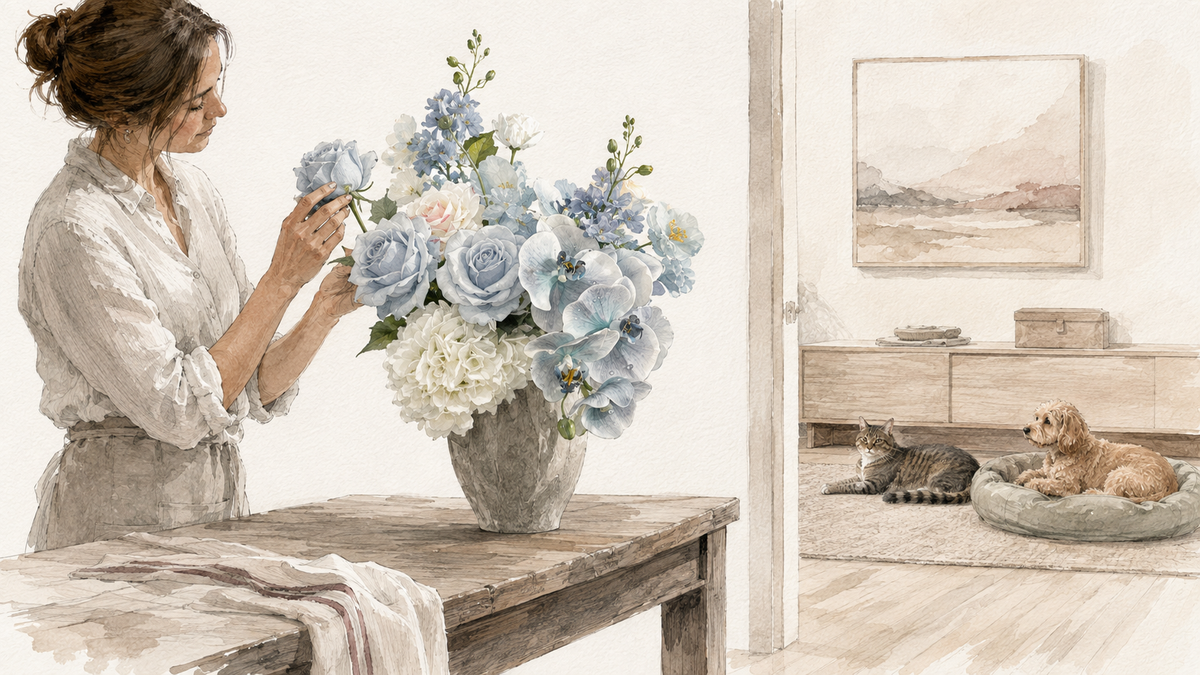 Hand-painted watercolour based on D&B FLORIQUE Powder Blue Rose, showing a raised quality check in a home with a dog and cat at a distance