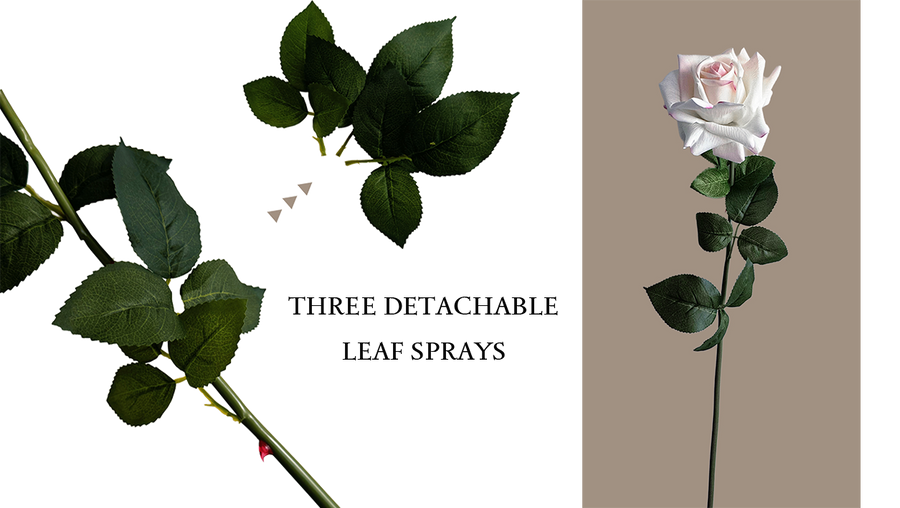 Ivory Blush artificial rose with green leaves